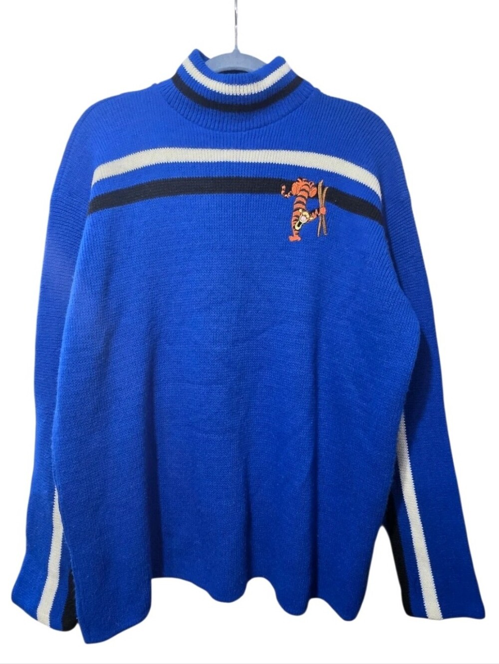 Vintage 90s Disney Pooh Tigger Ski Sweater XL Royal Blue Turtleneck USA Made